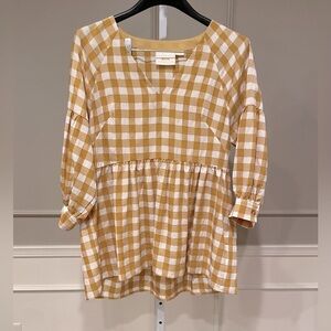 Anthropologie Maeve April Gingham babydoll blouse top mustard yellow skirted XS